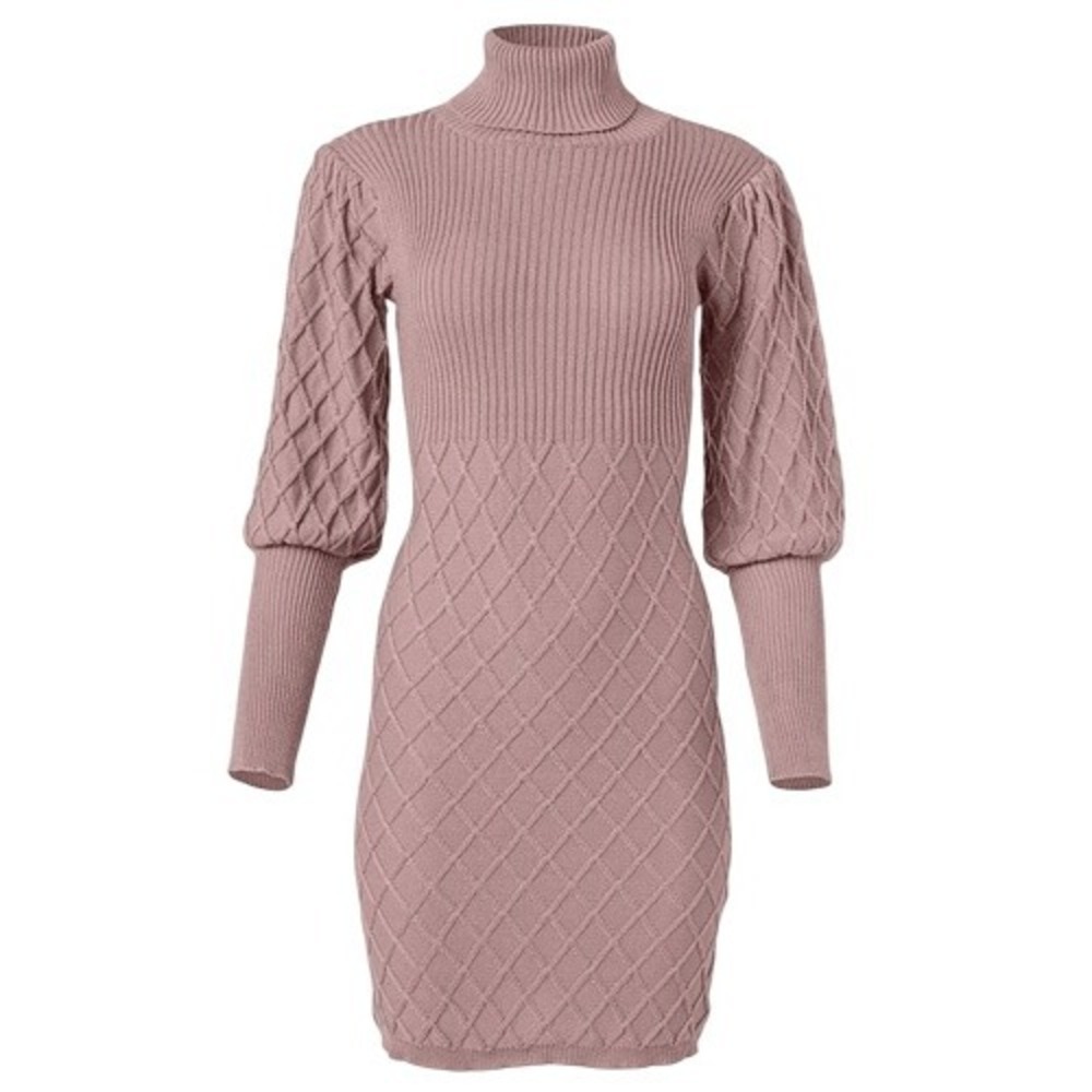 Venus Pink Dusty Rose‎ Knit Puff Sleeve Bodycon Sweater Dress XL Soft Girl NWOT